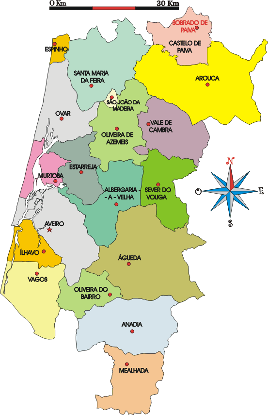 Mapa administrativo do distrito de Aveiro