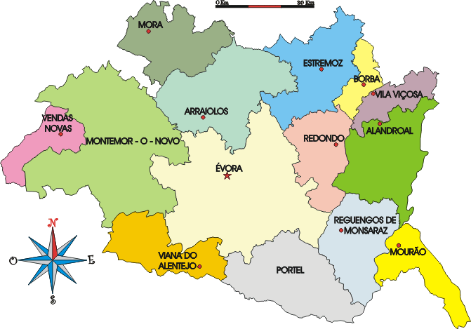 Mapa administrativo do distrito de Évora