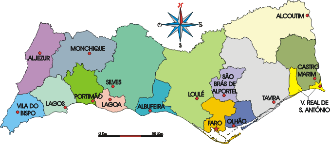 Mapa administrativo do distrito de Faro