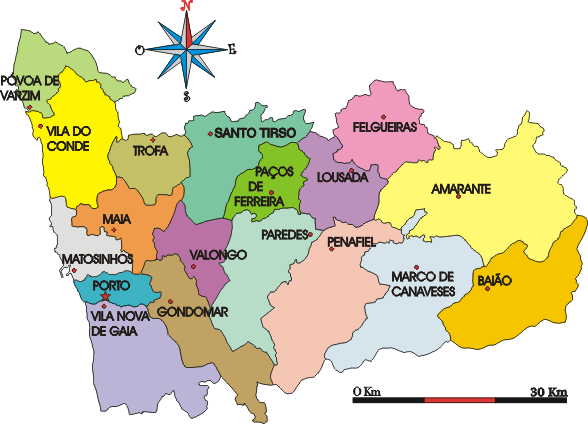 Mapa administrativo do distrito do Porto